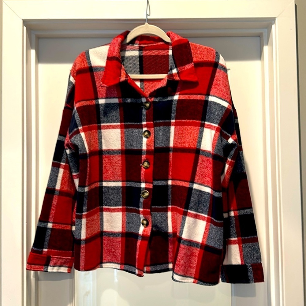 Shacket Flannel Red, White and Blue Plaid Size L Boyfriend, Western Rodeo Slouch